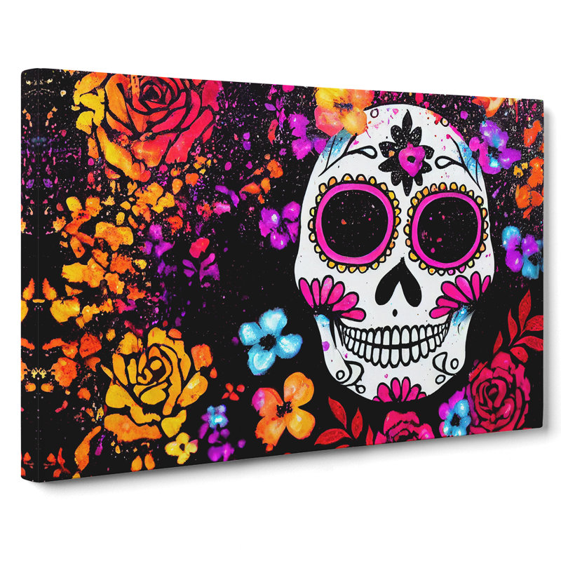 Positive Floral Sugar Skull - Wrapped Canvas Print, 35cm H x 50cm W x 3cm D