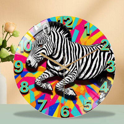 Colorful Zebra Wall Clock with Unique Artistic Design Art - 12'' Modern Glass Wall Clock