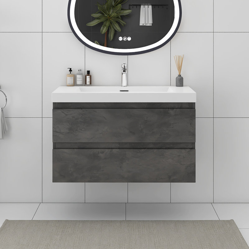 36 Inches Wall-Mounted Bathroom Vanity Set With Resin Integrated Top, Stone Gray