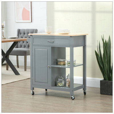 Chariot pour îlot de cuisine, îlot de cuisine avec tablette de rangement, plateau en bois massif, tiroir, pour la salle à manger, gris