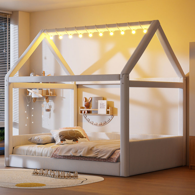 Lit de jour double rembourré avec bandes lumineuses à DEL, beige