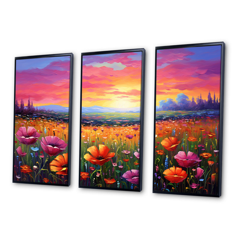 «Calming Pastel Horizon Flowers Fields I», ensemble de reproductions d'art mural, Cadre flottant noir