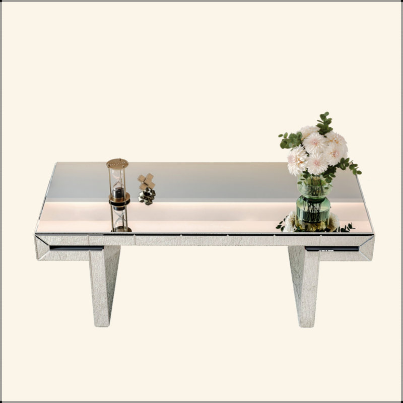 Table basse à miroir rectangulaire de luxe 47 pouces avec verre trempé cannelé, table d'appoint moderne pour canapé, assemblage facile en 2 étapes, style luxueux léger, emballage renforcé