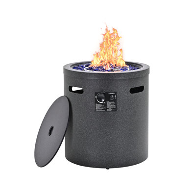  22 Inch 32000 Btu Outdoor Propane Fire Pit Column, Black Round Metal Fire Pit Table With Fire Glass, Lid & Rain Cover For Patio