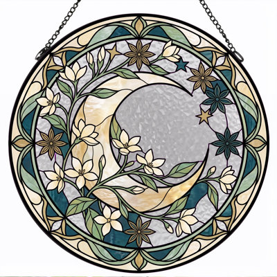 Moon Floral Stained Glass Window Panel，7.8H