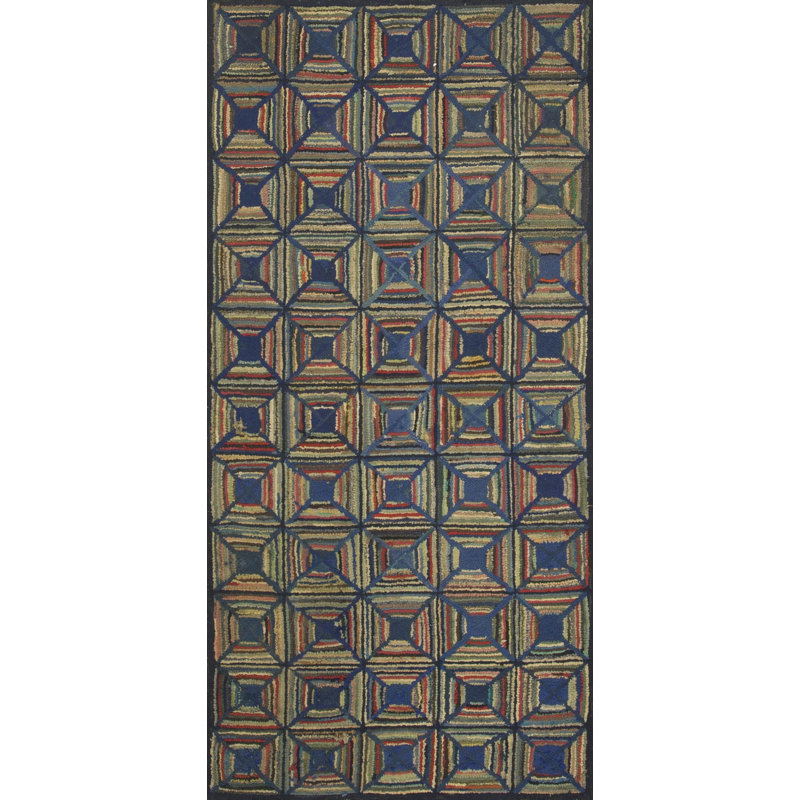 Antique Grid Log Cabin Folk Art Pattern Colorful American Hooked Rug