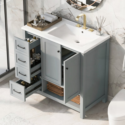 Meuble-lavabo de 36 po avec lavabo, deux portes, deux tiroirs, tablette ouverte, fabrication en bois massif et panneau de fibres à densité moyenne, conception moderne pour un rangement efficace