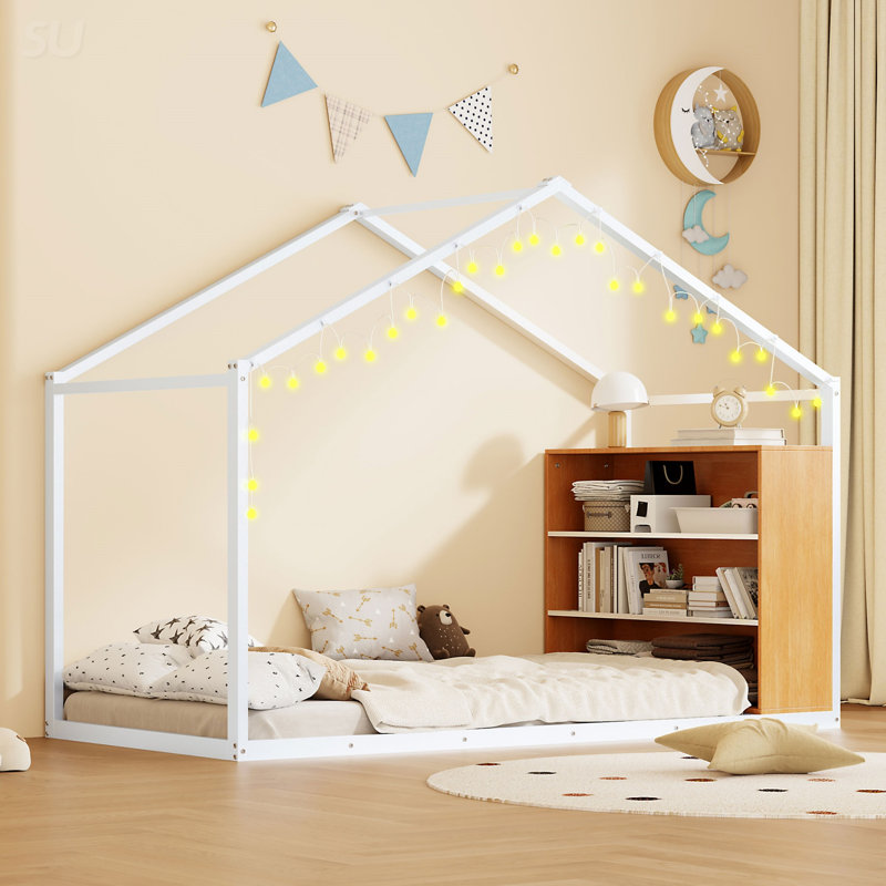 Full Size Metal Bed House Bed Frame With Shelves And Lights, Black, Full