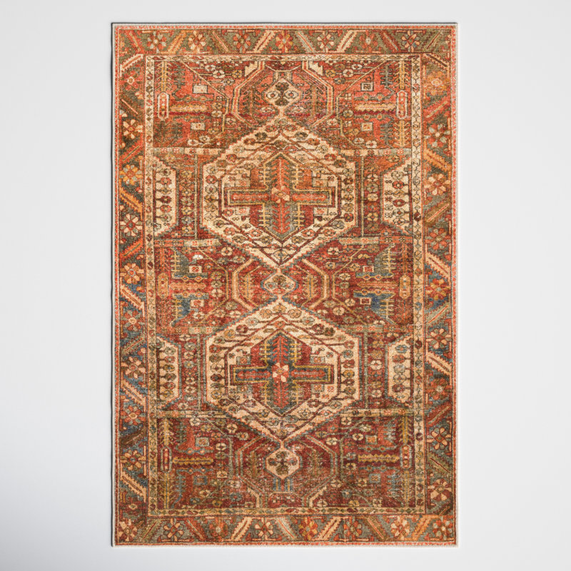Mags Machine Washable Oriental Brick Red/ Red Area Rug, Rectangle 2'6" x 4'
