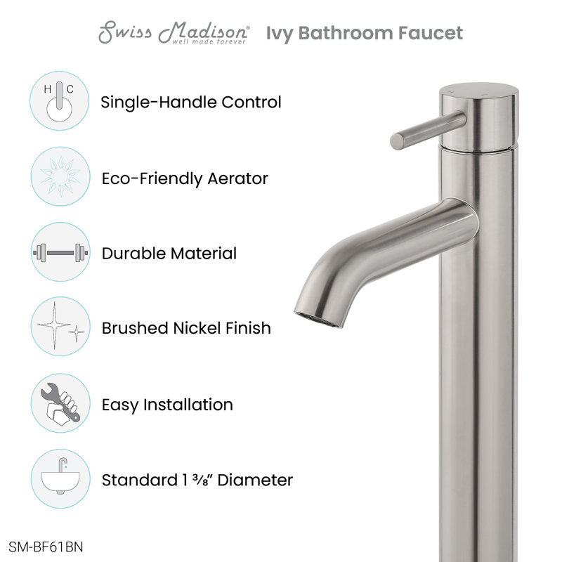 Ivy Single Hole, Single-Handle, High Arc Bathroom Faucet, Brushed Nickel