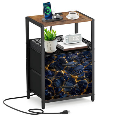 Table de chevet à 2 tiroirs en tissu avec station de charge et table de chevet en marbre