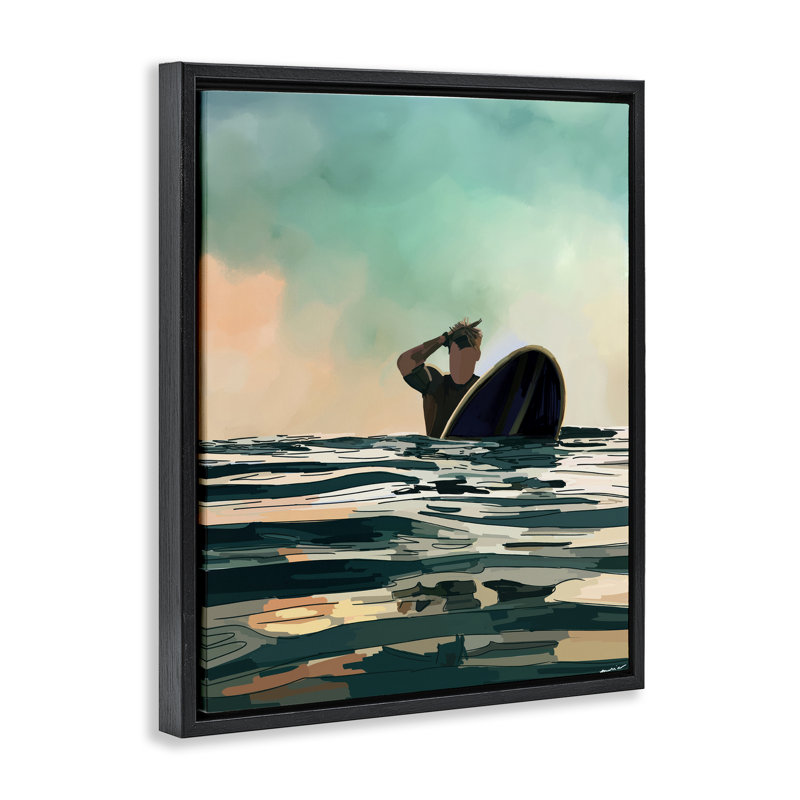 «Surfer with Ocean Reflection» par Amelia Noyes, H 21 po x l 17 po, Cadre flottant métallique doré