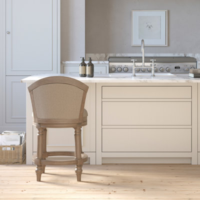 Tabouret de bar pivotant de 26 po de hauteur, avec siège et dossier à hauteur de comptoir, gris et beige, structure en bois massif, pivotant à 180 degrés et tabouret à hauteur de comptoir de 26 po, rembourré, décor