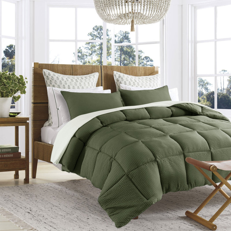 Édredon réversible en microfibre , Édredon pour lit simple + 1 taie décorative stan, Vert sauge
