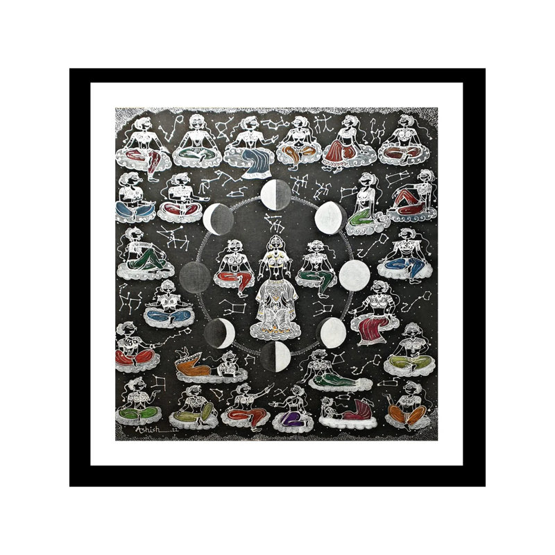 La série de mois, peinture acrylique et technique mixte avec cadre - art cosmique céleste de 20 po x 20 po par Ashish Agarwal