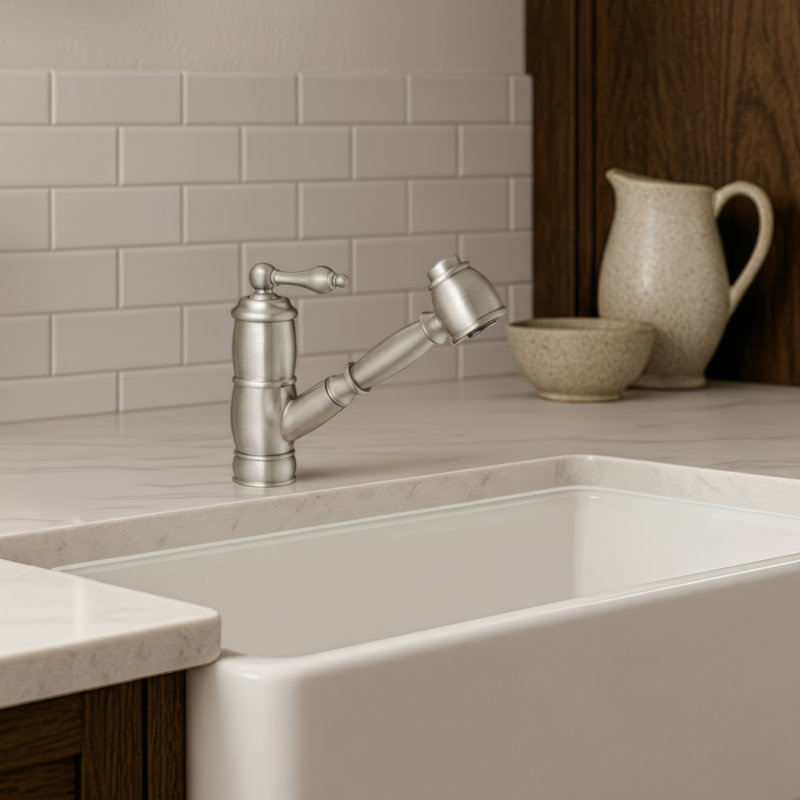Whitehaus solid brass deck mount single-hole kitchen faucet with a pull-out spray head and lever handle, Brushed Nickel