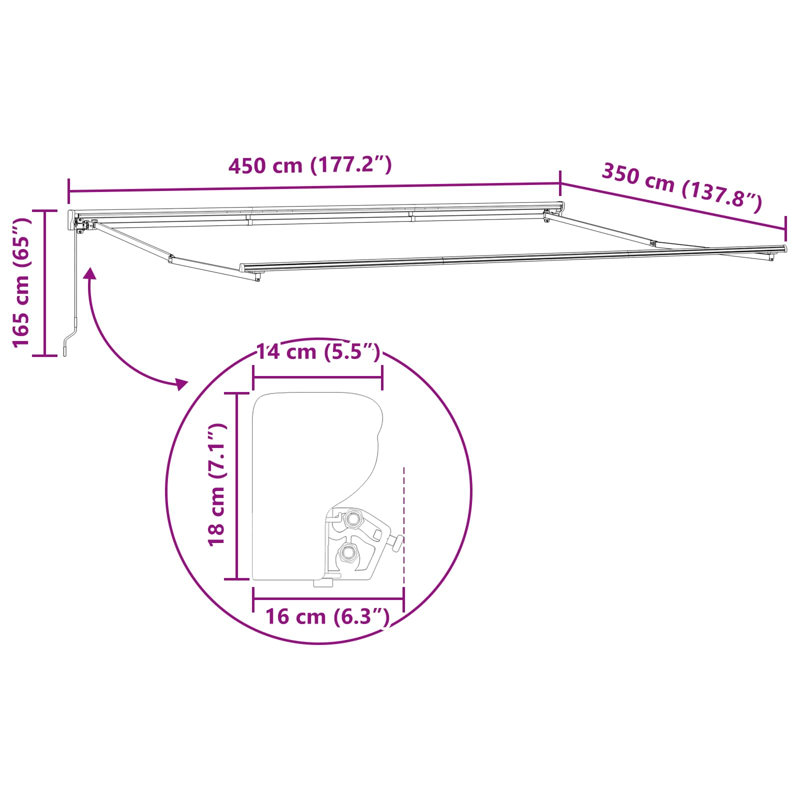 VidaXL Polyester Cover Retractable Patio Awning, 450cm W x 350cm D, Brown/White