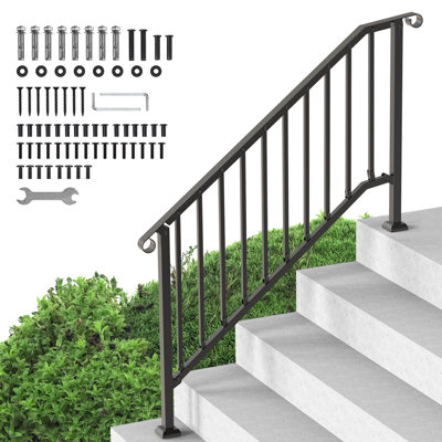 Mains courantes pour les marches extérieures, ensemble de rampes d'escalier à 5 marches, rampes transitionnelles en acier au carbone avec trousse d'installation, rampes d'escalier pour personnes âgées, marches en béton, porche et terrasse, arche rétro noire