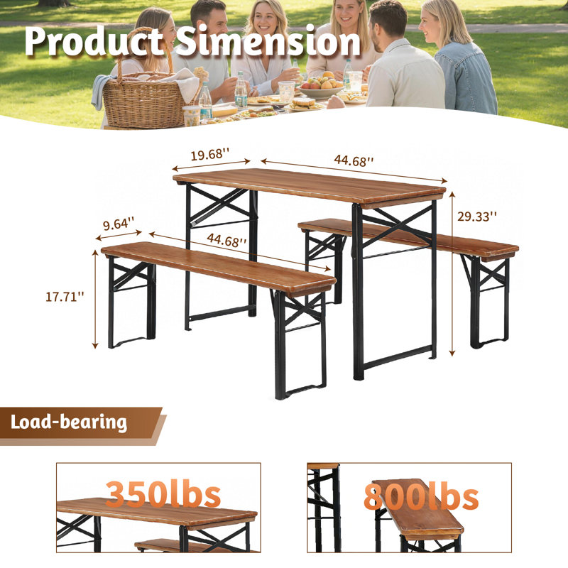 44 In.Rectangle Wood Picnic Table With Bench Seats 4 People, Brown