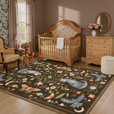 Tapis d'entrée Mystic Cat 180 x 270 cm, lavable, antidérapant, à poils courts, motif floral, idéal pour la cuisine, la salle de bain et la chambre d'enfant.