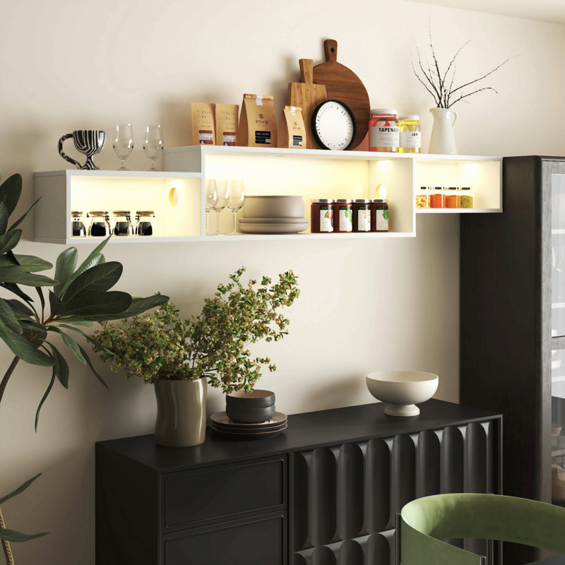Meuble télé flottant mural 65,35 po avec 20 DEL de couleur et station de charge, Blanc
