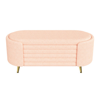 Beige Upholstered Storage Bench With Chenille Fabric, Large Hidden Compartment, 3" Cushioned Seat, Metal Legs For Entryway And Bedroom Modern Oval Ample Comfortable Living Room