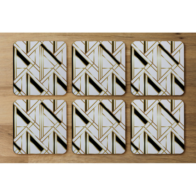 Square 6 Piece Coaster Set, White/Gold/Black