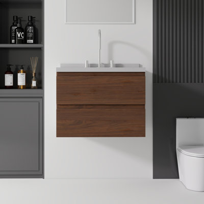 Meuble-lavabo flottant 24 po avec lavabo, meuble-lavabo mural en contreplaqué, tiroirs à fermeture en douceur, comptoir et dosseret en marbre de culture blanc granit, brun