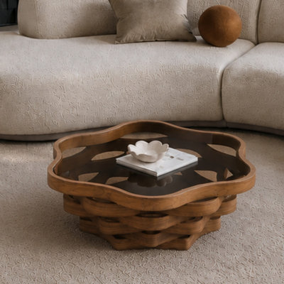 Table basse 35,83 "unique en forme de nuage irrégulier avec plateau en verre trempé, table de cocktail artistique moderne en panneau de fibres à densité moyenne pour salon et appartement