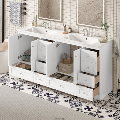 Meuble-lavabo autoportant de style Shaker de 72 pouces avec lavabo en résine, tiroirs et portes à fermeture en douceur