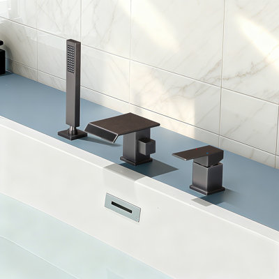 Solid Brass Deck Mounted Waterfall Roman Tub Filler with Hand Shower