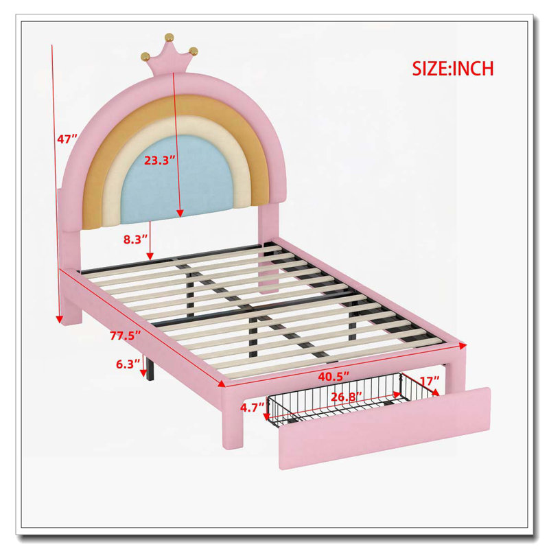 Lit plateforme tapissier en velours avec tiroir de rangement, Lit simple