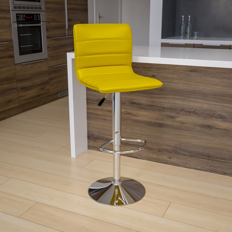 Tabouret de bar à hauteur réglable en vinyle avec dossier à coutures horizontales Clift, Jaune, 1