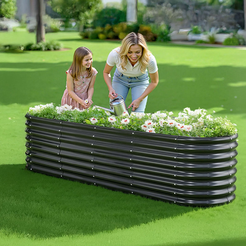 Metal Raised Garden Bed, 8 x 2 x 2 ft Oval Outdoor Galvanized Planter Garden Box, Open Bottom Design, Large Planter Raised Bed for Growing Vegetables, Flowers, Herbs, and Succulents, Dark Gray