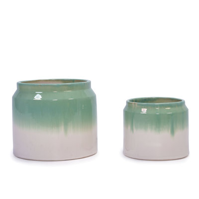 Handmade Ceramic Planter Set Of 2, 8.5" & 6" Diameter, Green-White Ombre Glaze, For Aquatic Plants Indoor/Outdoor Shelf & Table Use, Non-Porous & Breathable Clay