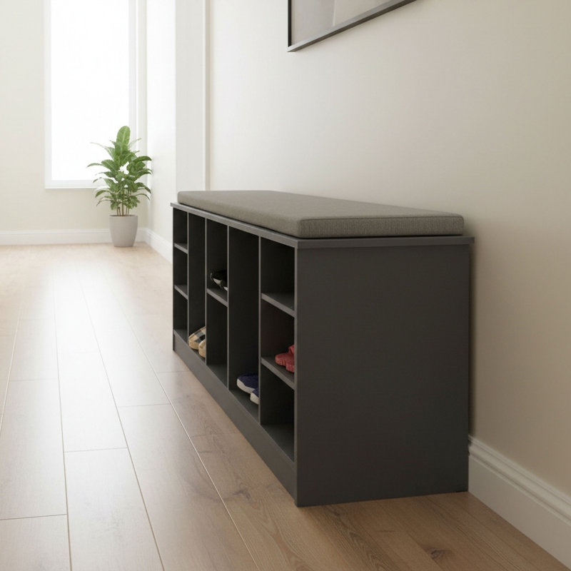  Banc de rangement en bois multi-usages avec coussins, compartiments ouverts et rangement polyvalent pour chaussures, chaussures, espadrilles et accessoires
