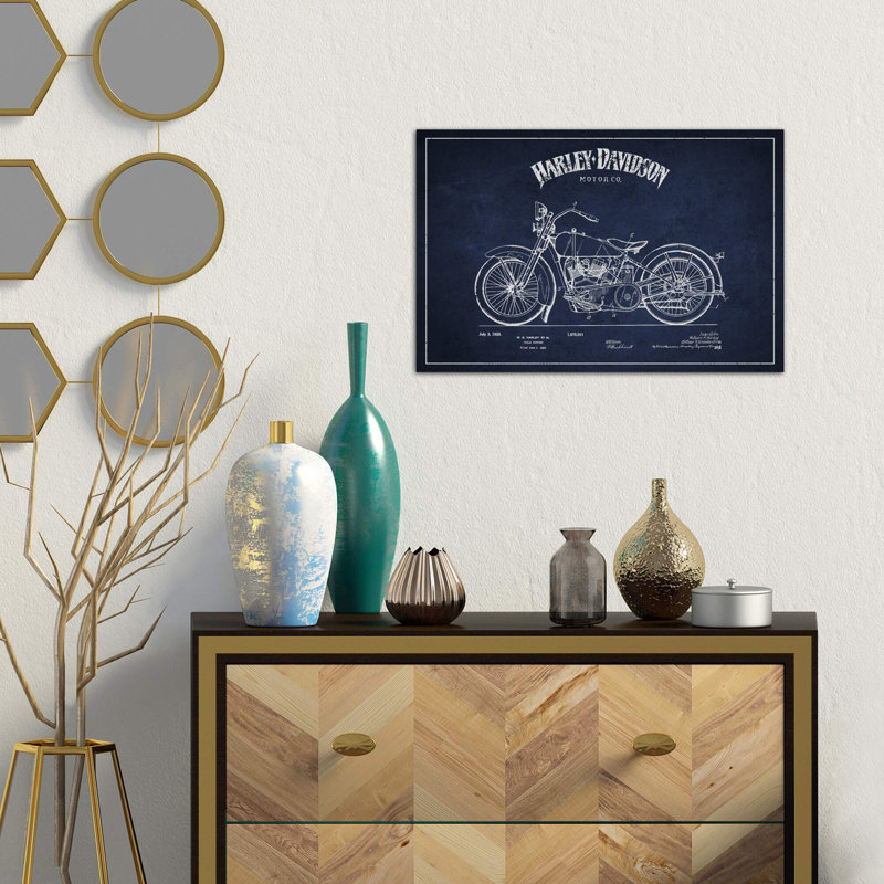Harley-Davidson Navy Blue Patent Blueprint - Wrapped Canvas Print, 66.04 cm H x 45.72 cm W x 3.175 cm D