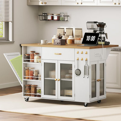 Kitchen Island With Drop Leaf and Charging Station, Rolling Kitchen Island Cart on Wheels, 2 Storage Drawers, Trash Cabinet, 3-Tier Open Shlves