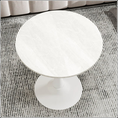 Mid-Century Modern Round Coffee Table, Faux Marble Top with Sleek Black Pedestal for Compact Living Spaces