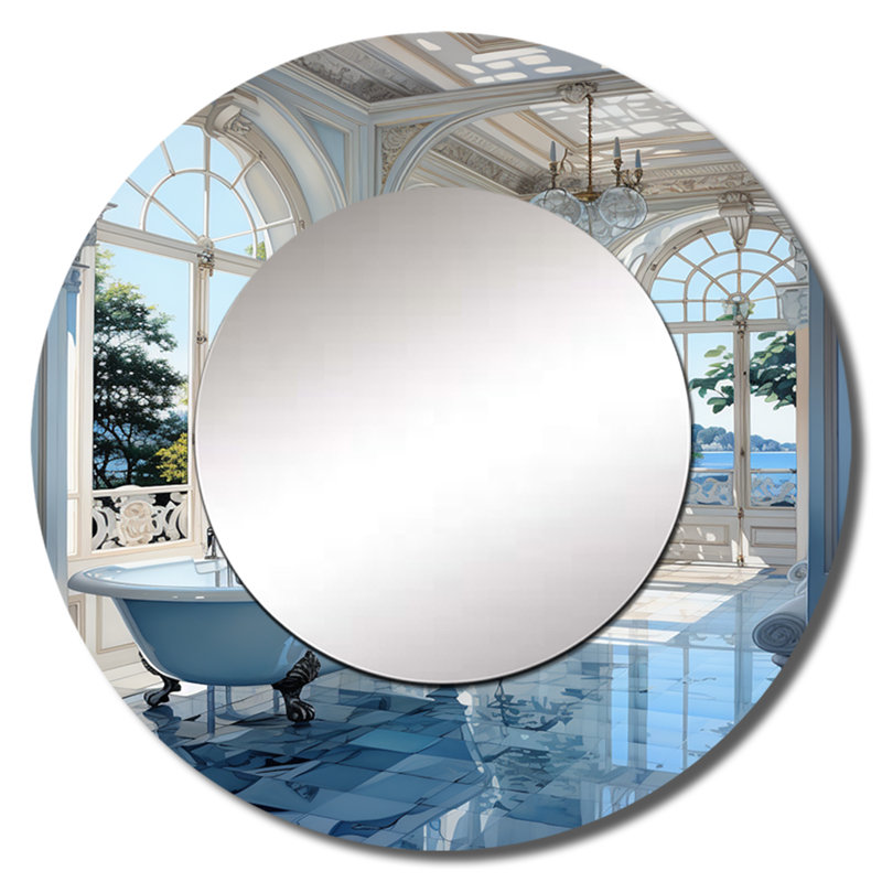 Bathroom Tranquil Reflections II - Bathroom Decorative Mirror, Blue Round Wall Mirror, Printed Metal Art, 36" x 36"