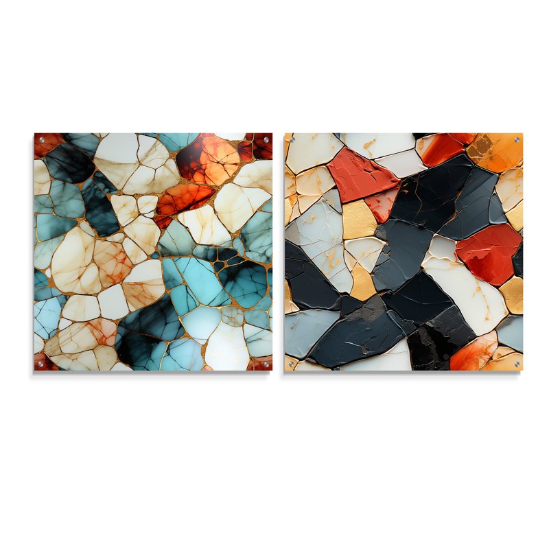 Daimond - Ensemble de 2 peintures murales abstraites en acrylique sur verre marbré, H 36 po x l 73 po
