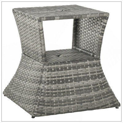 Outsunny Rattan Wicker Side Table With Umbrella Hole, 2 Tier Storage Shelf For All Weather For Outdoor, Patio, Garden, Backyard, Mixed Grey