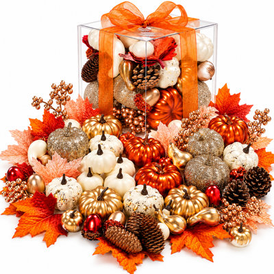 Mini Faux Pumpkins & Gourds Fall Harvest Decor Set, 52-Piece Indoor Table Mantel Ornaments with Maple Leaves, Pinecones, Berries, White Gold Glitter Decorations, Gift Box Included