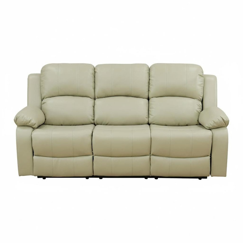 Canapé inclinable 3 places en cuir recyclé beige avec console rabattable et porte-gobelets | Canapé de salon multifonctionnel, structure en bois massif, revêtement en cuir respirant, dossier ergonomique réglable pour la détente à la maison