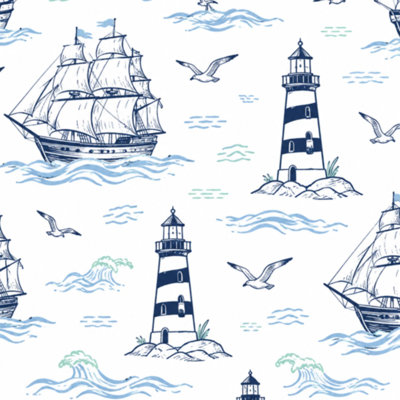 Papier peint adhésif pelez et collez, rétro, nautique, toile de Jouy, phare, mouettes, bord de mer, paysage mural, l 23,6 po x H 118 po, papier peint amovible et adhésif pour les chambres de bébé