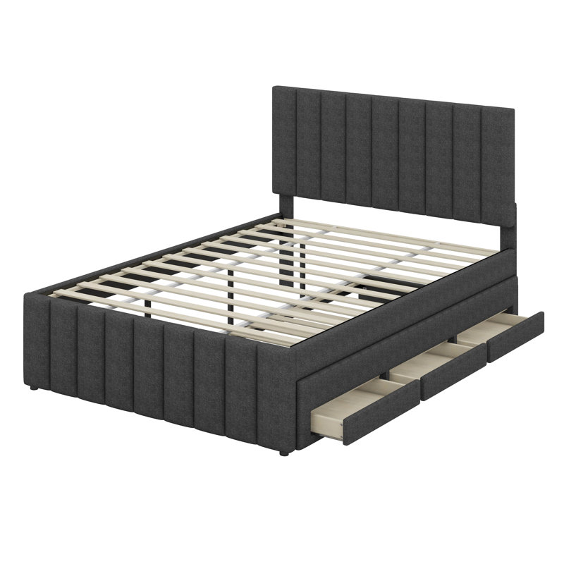 Lit plateforme tapissier double avec lit gigogne simple et 3 tiroirs Edie, Gris