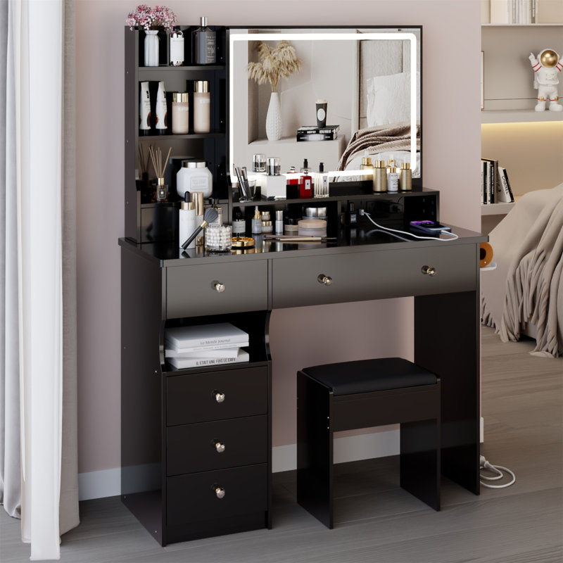 41" Large Size Left Drawer Desktop Vanity Table+Cushioned Stool Dresser Set, 2 AC+2 USB Power Station, Hair Dryer Stand, Extra Large Touch Control LED Mirror, 3-Color Switch, EPA, GCC, UL Certificate