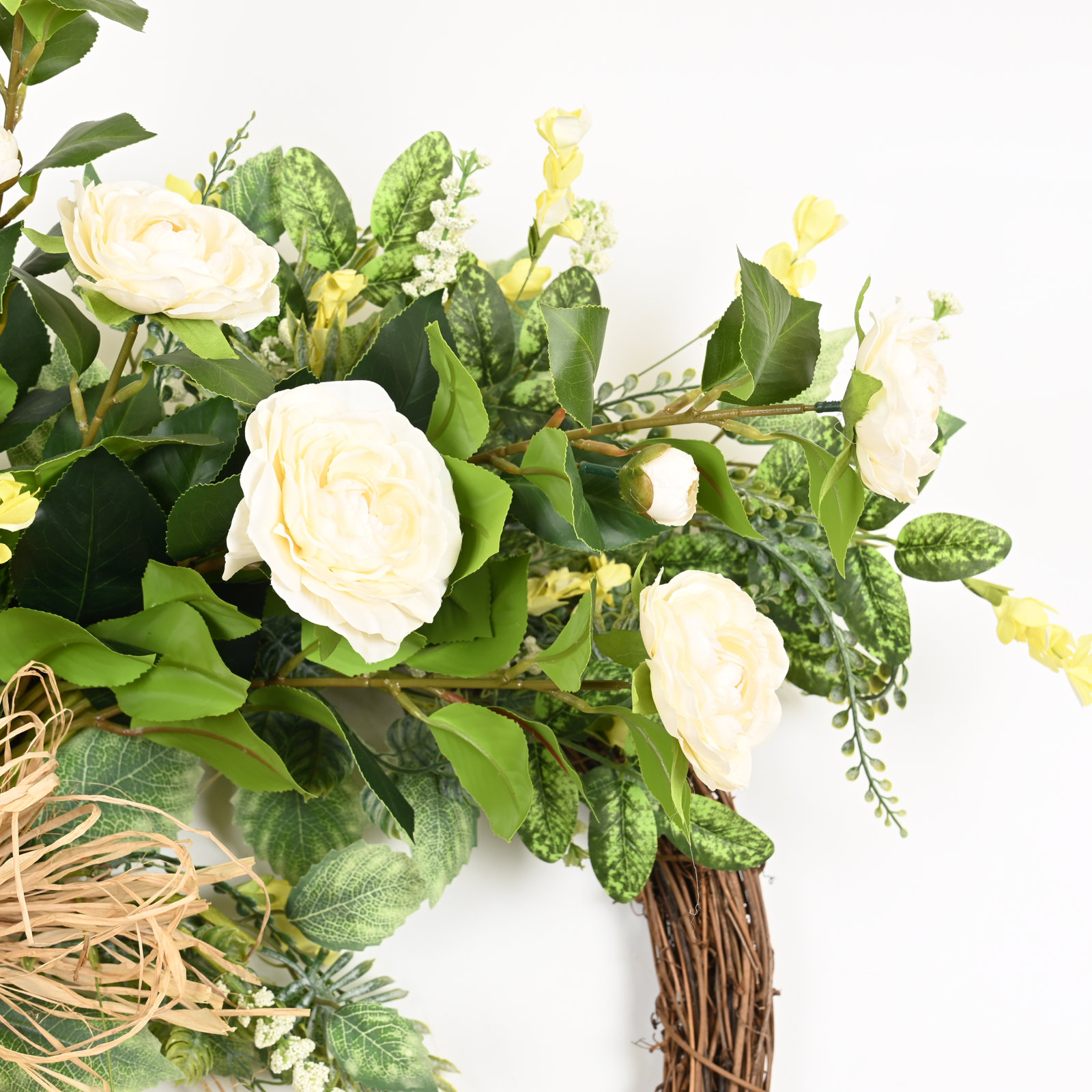 24" Artificial Farmhouse Spring Summer Greenery Leaves Berry Peony Floral Wreath For Front Door, Cream/Green