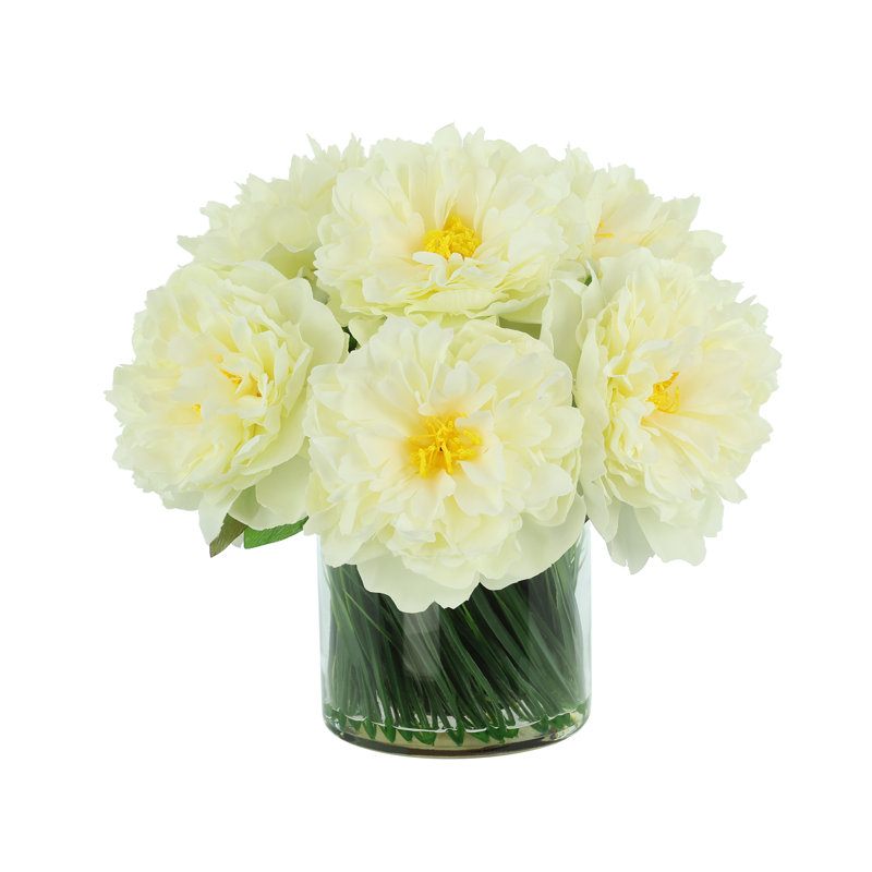 Peonies Arranged in Glass Vase with Grass, Cream