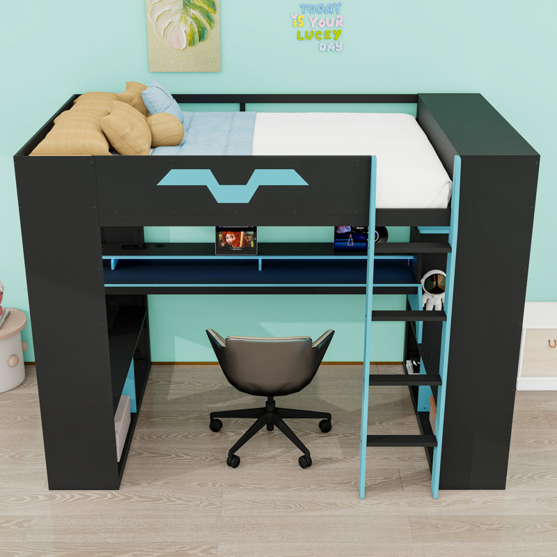 Full Wooden Loft Bed with USB Port, Light Strip and Ladder, Blue